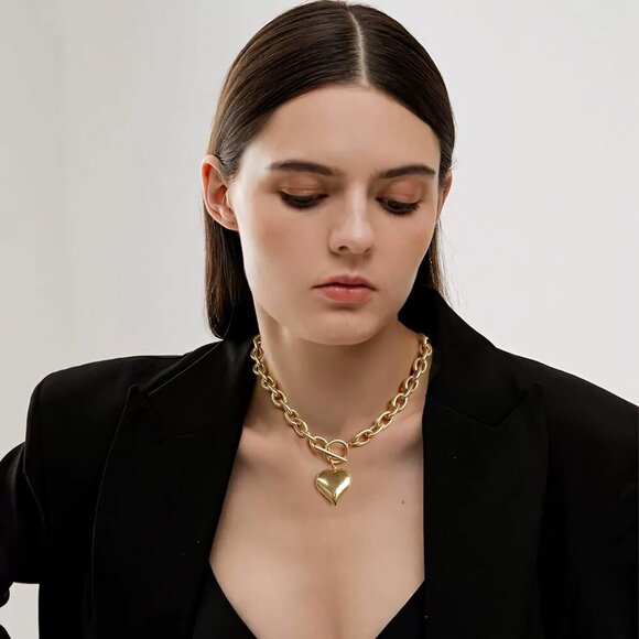 Retro Heart Charm Necklace, Chunky Thick Chain Necklaces with Puffy Heart Pendan - Picture 3 of 7